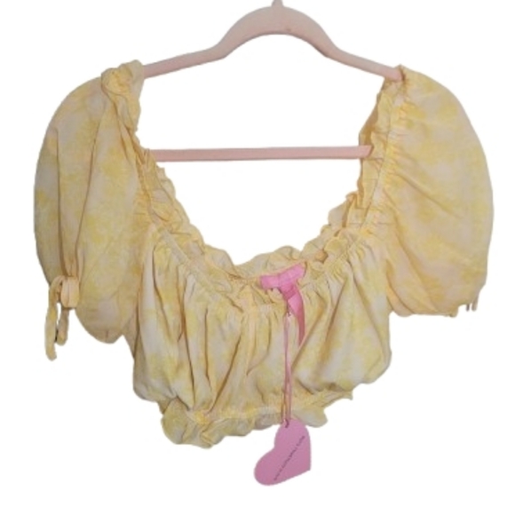 Dolls Kill Tops - Sugar Thrillz Yellow Off Shoulder Puff Sleeve Crop Top Coquette Bow Top